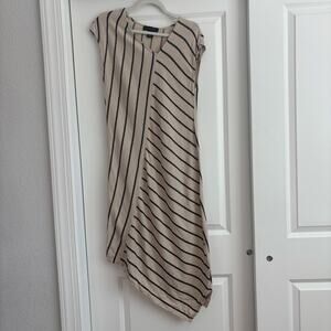 Tahari Linen Blend Tan Asymmetrical Midi Dress Striped Sz S Neutral Beachy